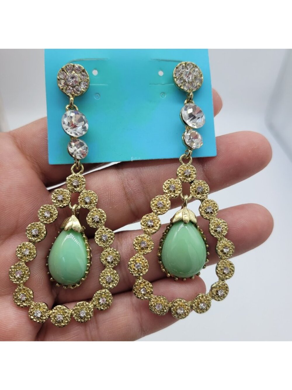 Faux Jade Teardrop Drop Dangle Earrings Gold Tone NWT Special Occasion 3"